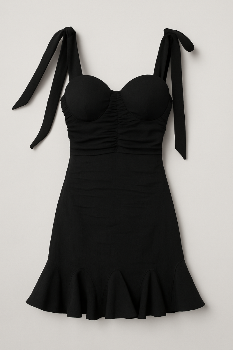 فستان قصير يتميز بحمالات تُربط بعقد على الأكتاف لإضفاء لمسة أنثوية ناعمة