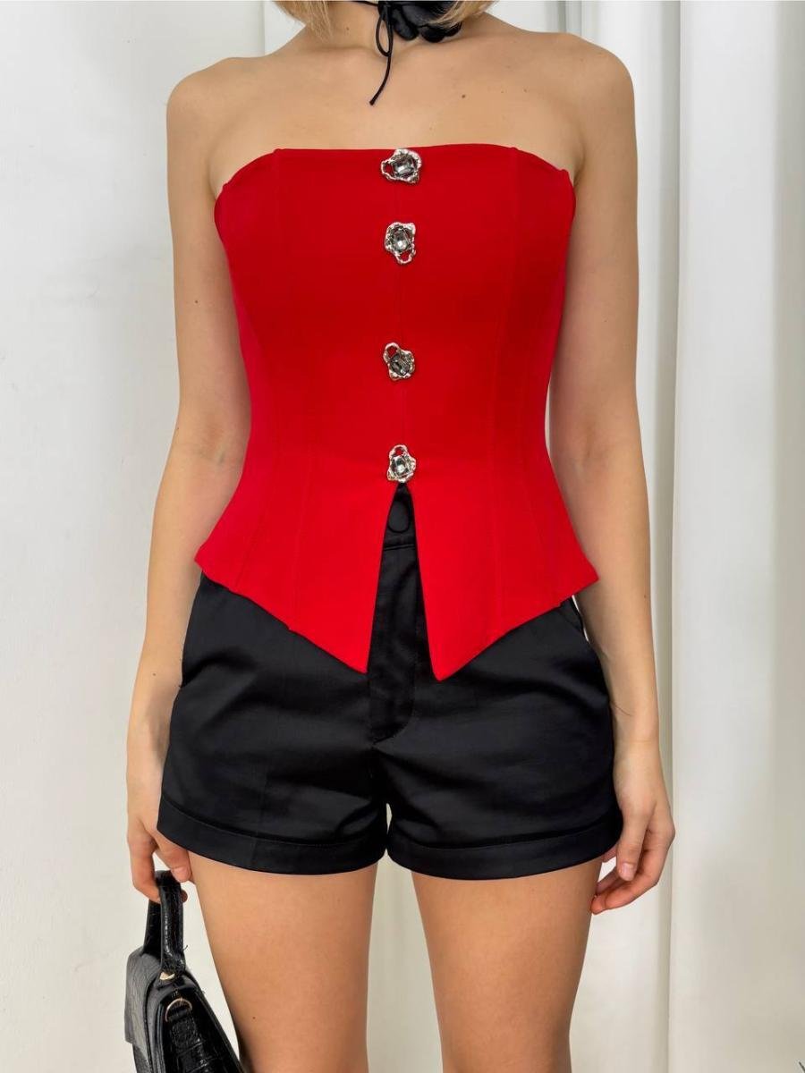 بلوزة كورسيه حمراء بكب وأزرار كريستالية (Red Corset Tube Top with Crystal Buttons) - صورة 1