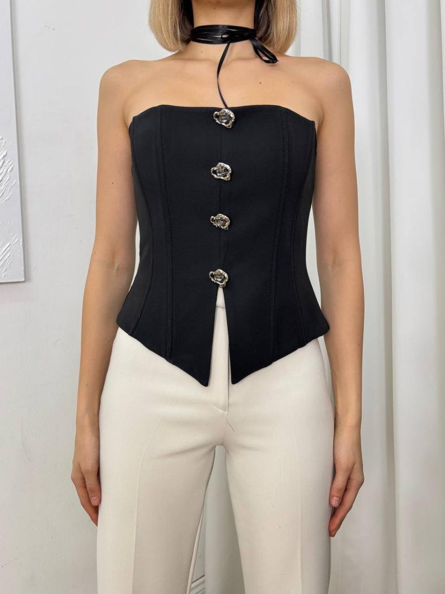 بلوزة كورسيه حمراء بكب وأزرار كريستالية (Red Corset Tube Top with Crystal Buttons) - صورة 2