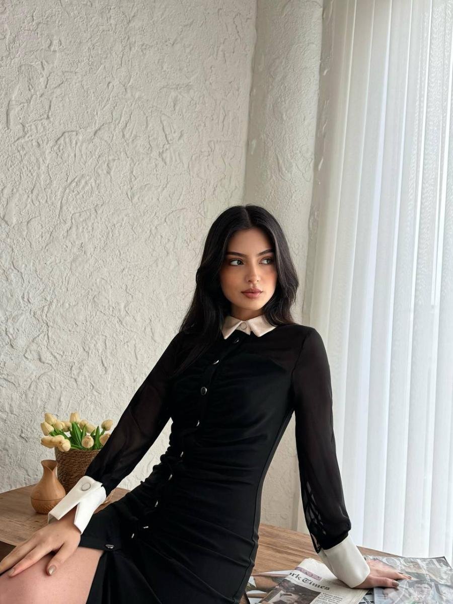 فستان ميدي بأكمام شفافة وياقة متباينة وثنيات زمزم (Ruched Midi Dress with Contrast Collar & Cuffs) - صورة 1