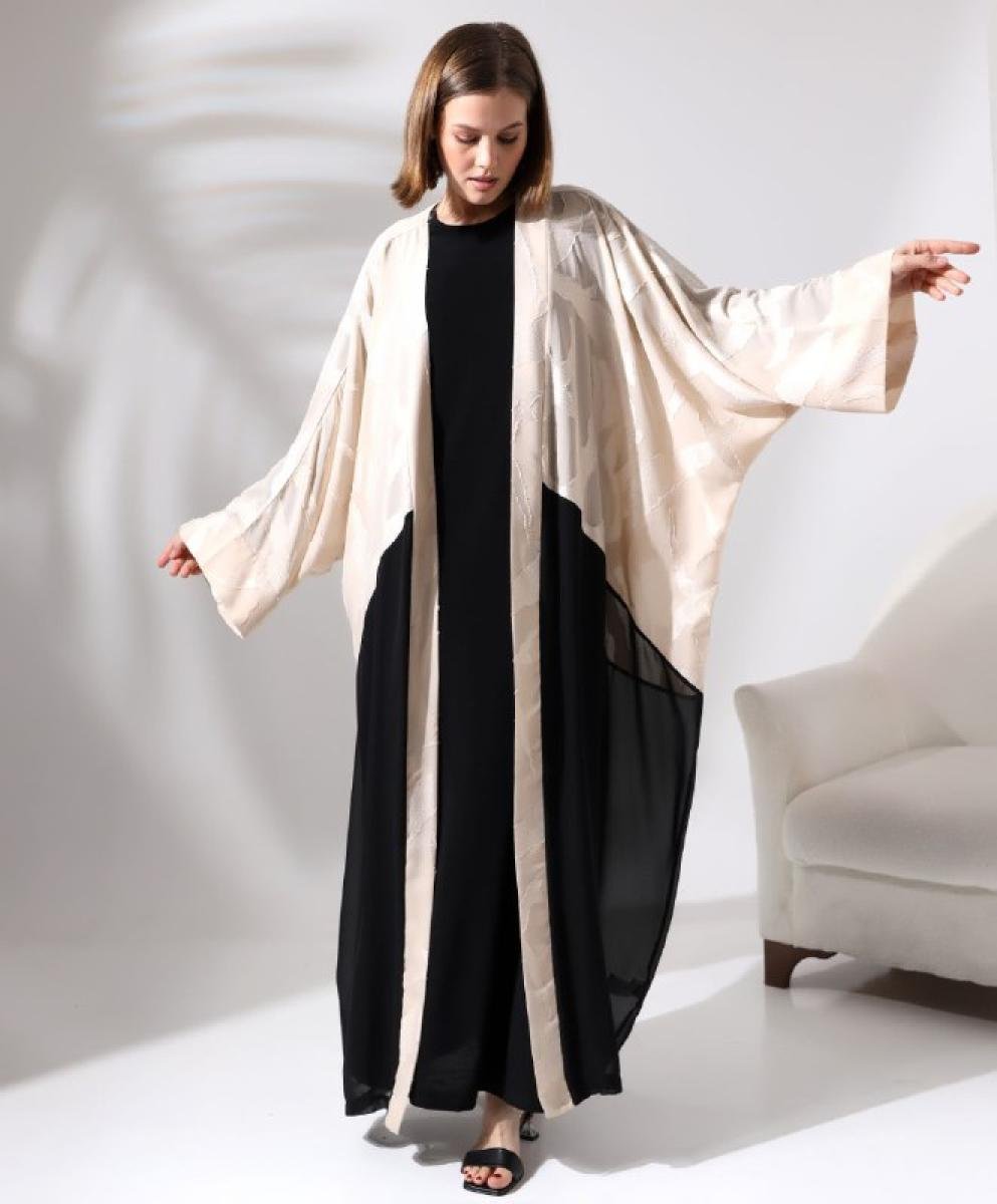 عباية فستان كيمونو فاخرة بلونين بتصميم مفتوح ونقوش بارزة (Two-Tone Open Kimono Abaya) - صورة 1