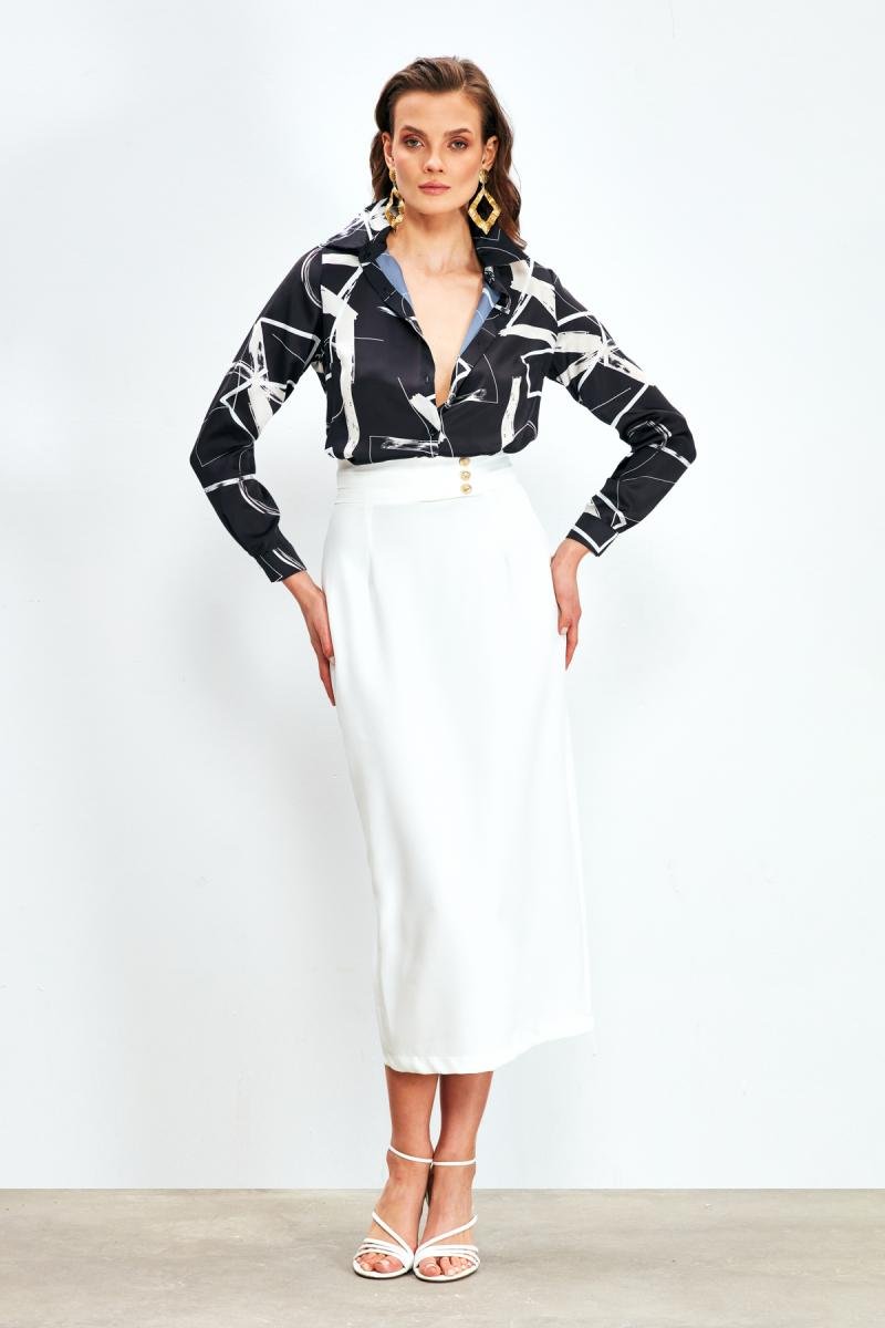 تنورة نسائية تركية ميدي رسمية بتصميم عالي الخصر وأزرار جانبية أنيقة - صورة 1